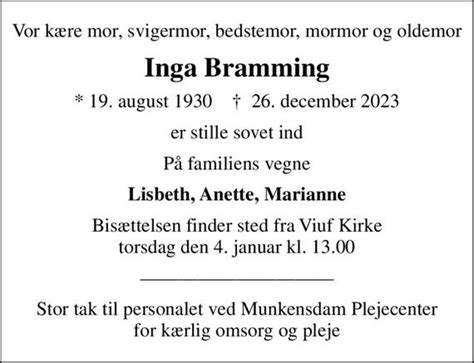 seneste ddsfald bramming|Dødsannoncer i Danmark